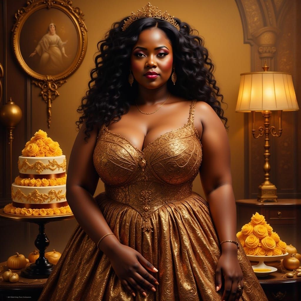 Golden Goddess with Decadent Cake in Cinematic Style