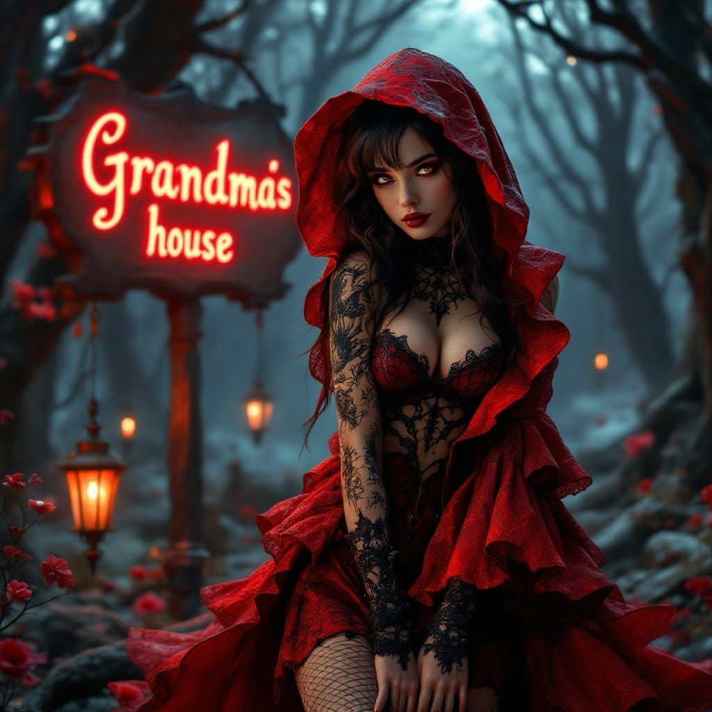 Ethereal Gothic Red Riding Hood in Crimson Mini Dress and Ho...