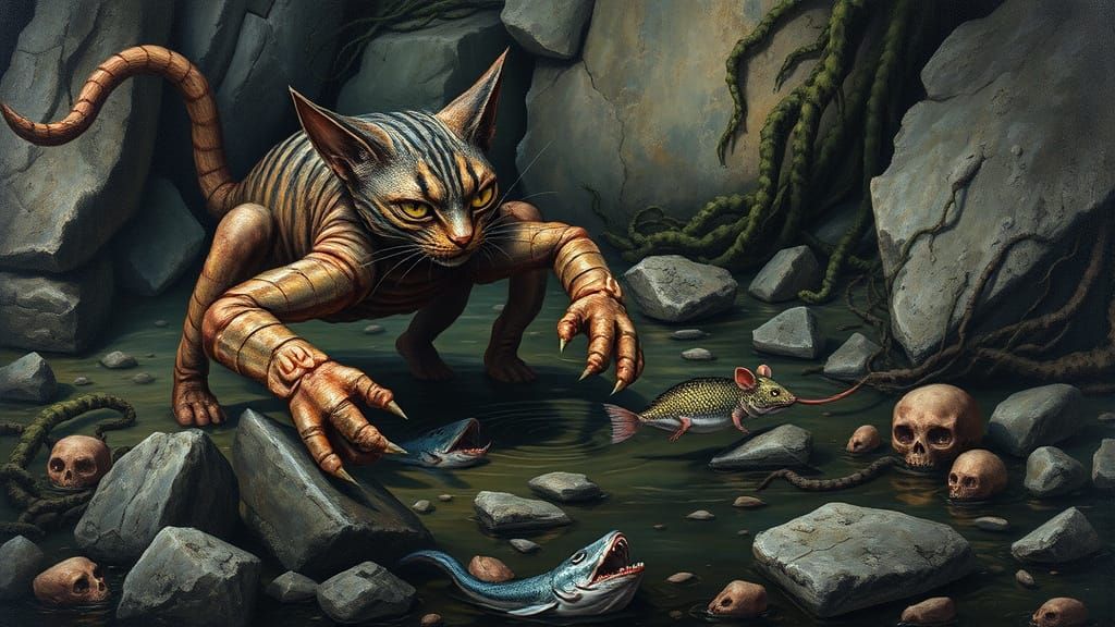 Grotesque Crabcat Pursues Fishmouse Through Murky Rock Pool