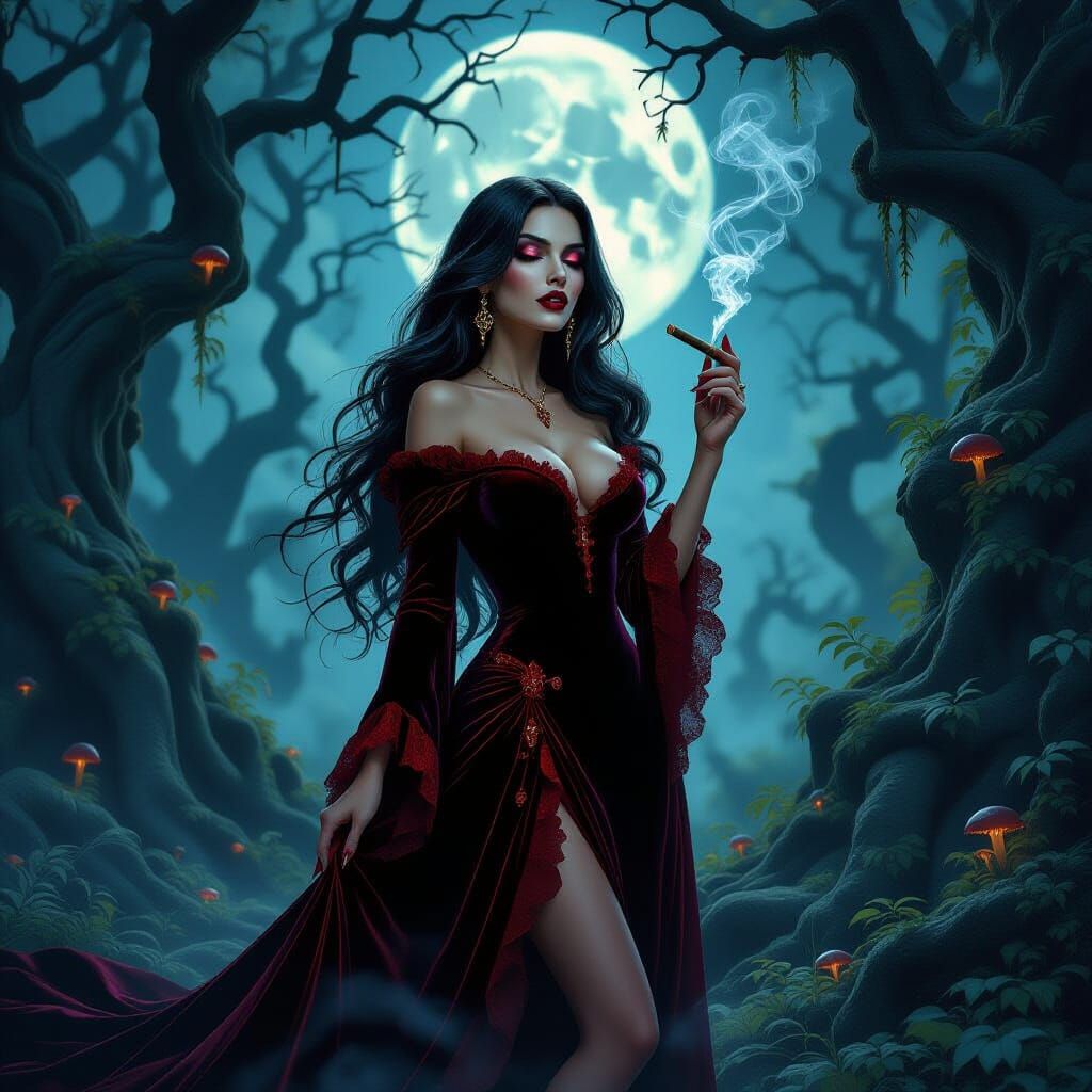 Seductive Vampire in Moonlit Forest Clearing