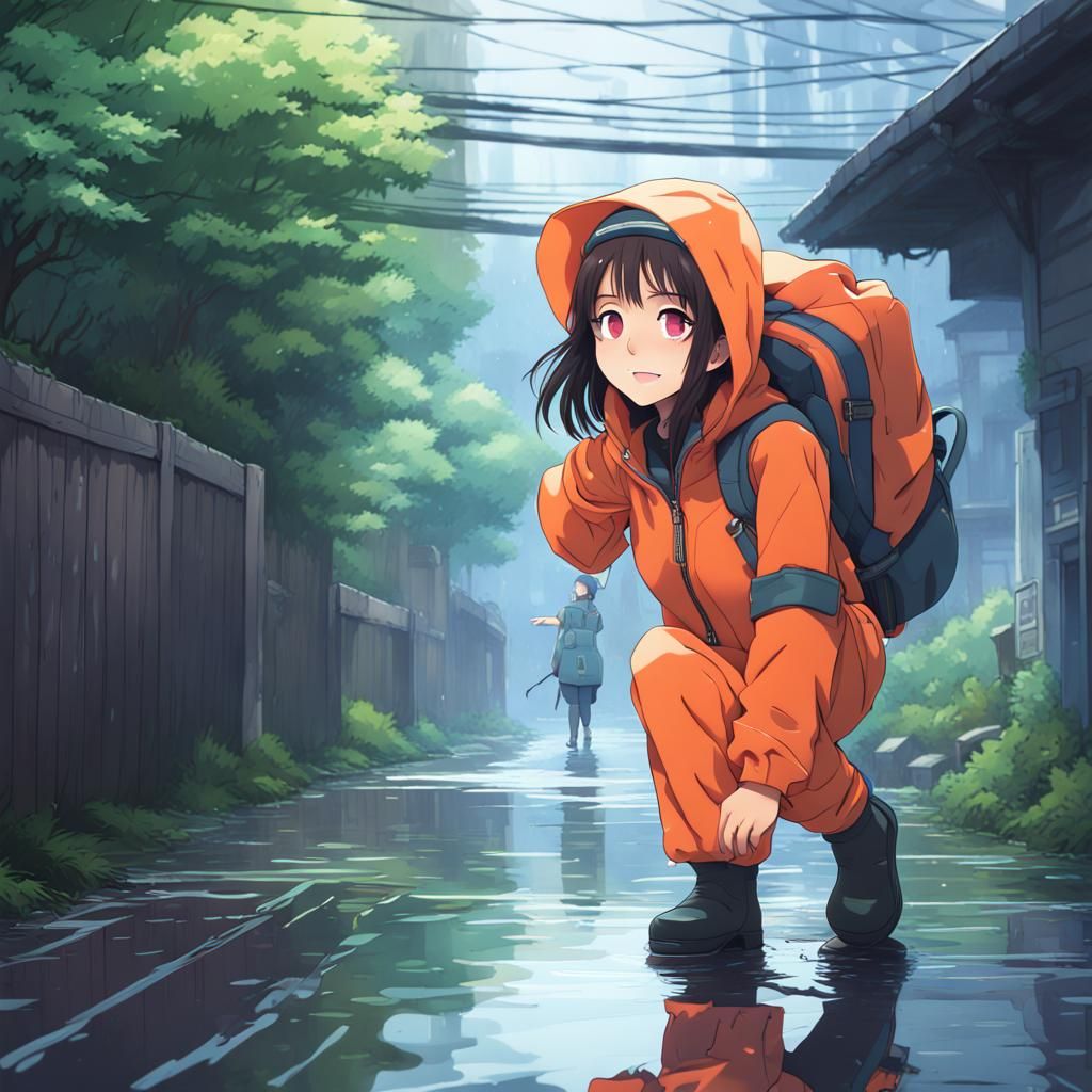 Anime Girl in Rain Suit, Ghibli-Inspired Art