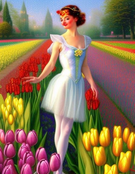 Fairy Ballerina in Tulip Field, Art Nouveau Style