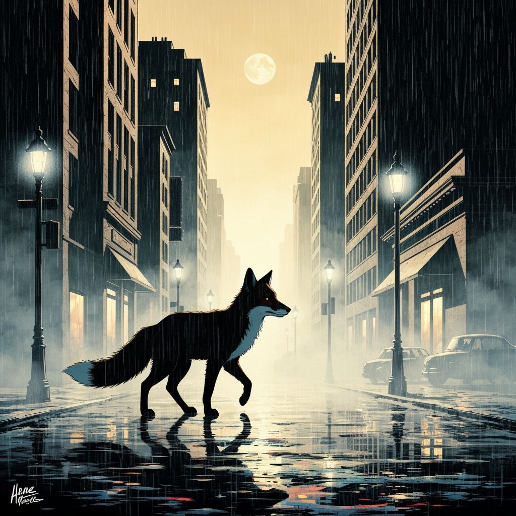 Solitary Fox in Noir Cityscape