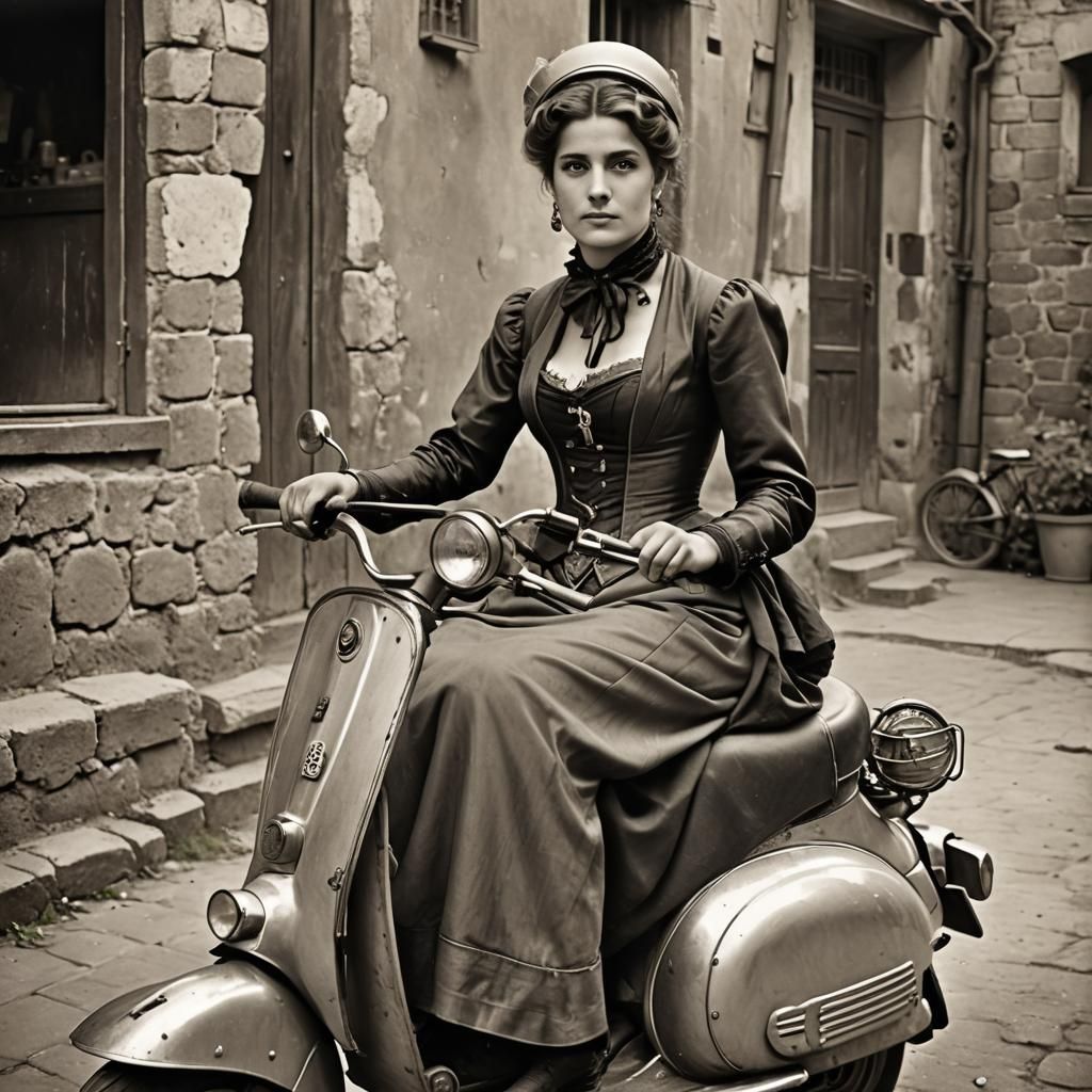 Very early Victorian photo of a woman on her scooter in Ital...