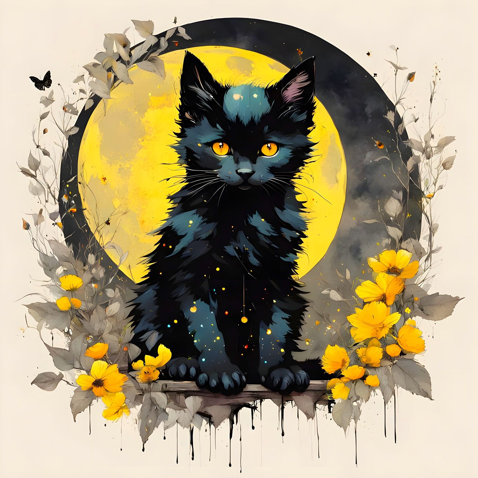 Whimsical Kitten on Porch with Fireflies and Moon