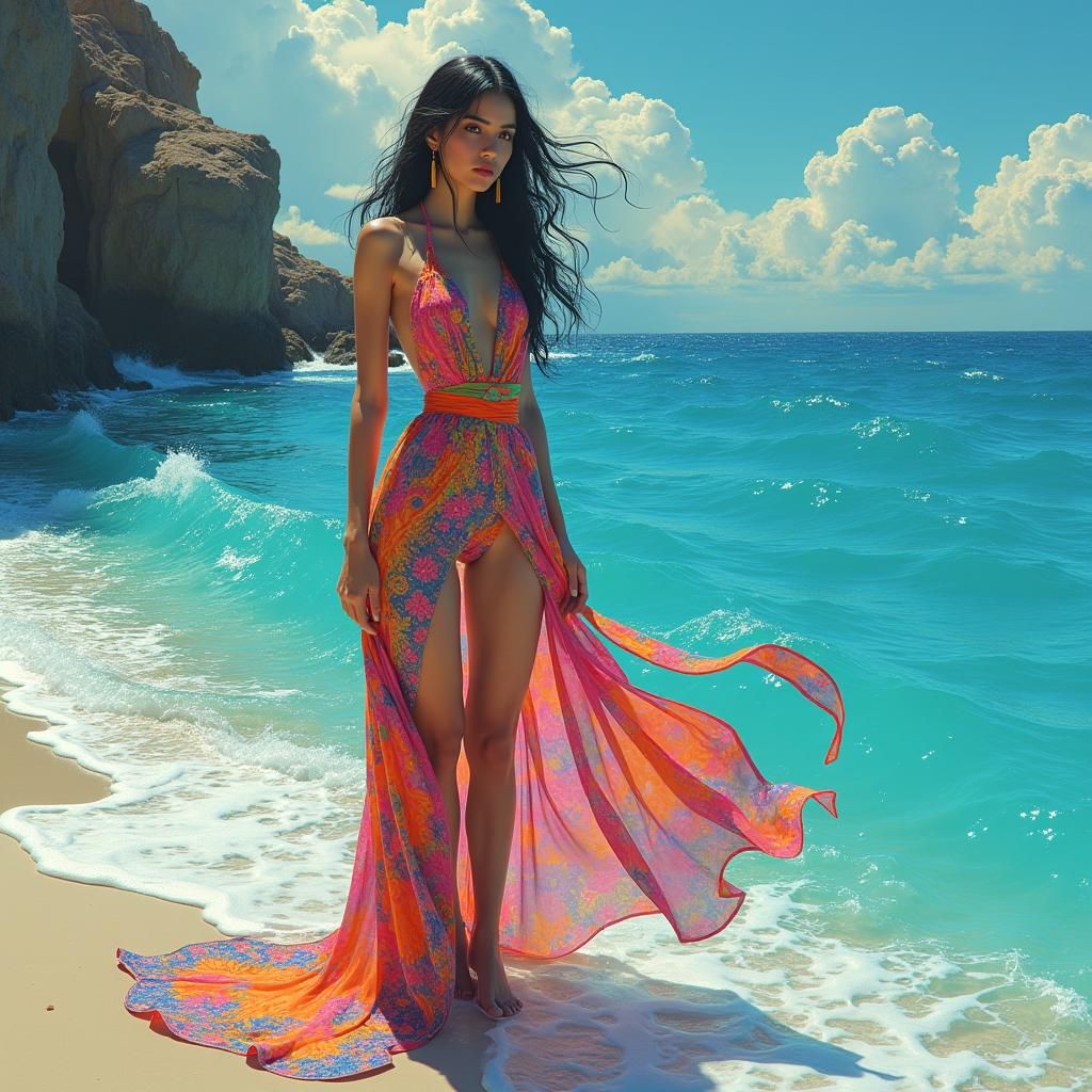 Anime Lady at Mystical Ocean Shoreline