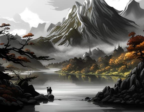Fisherman in Japanese Forest: Detailed Matte Painting