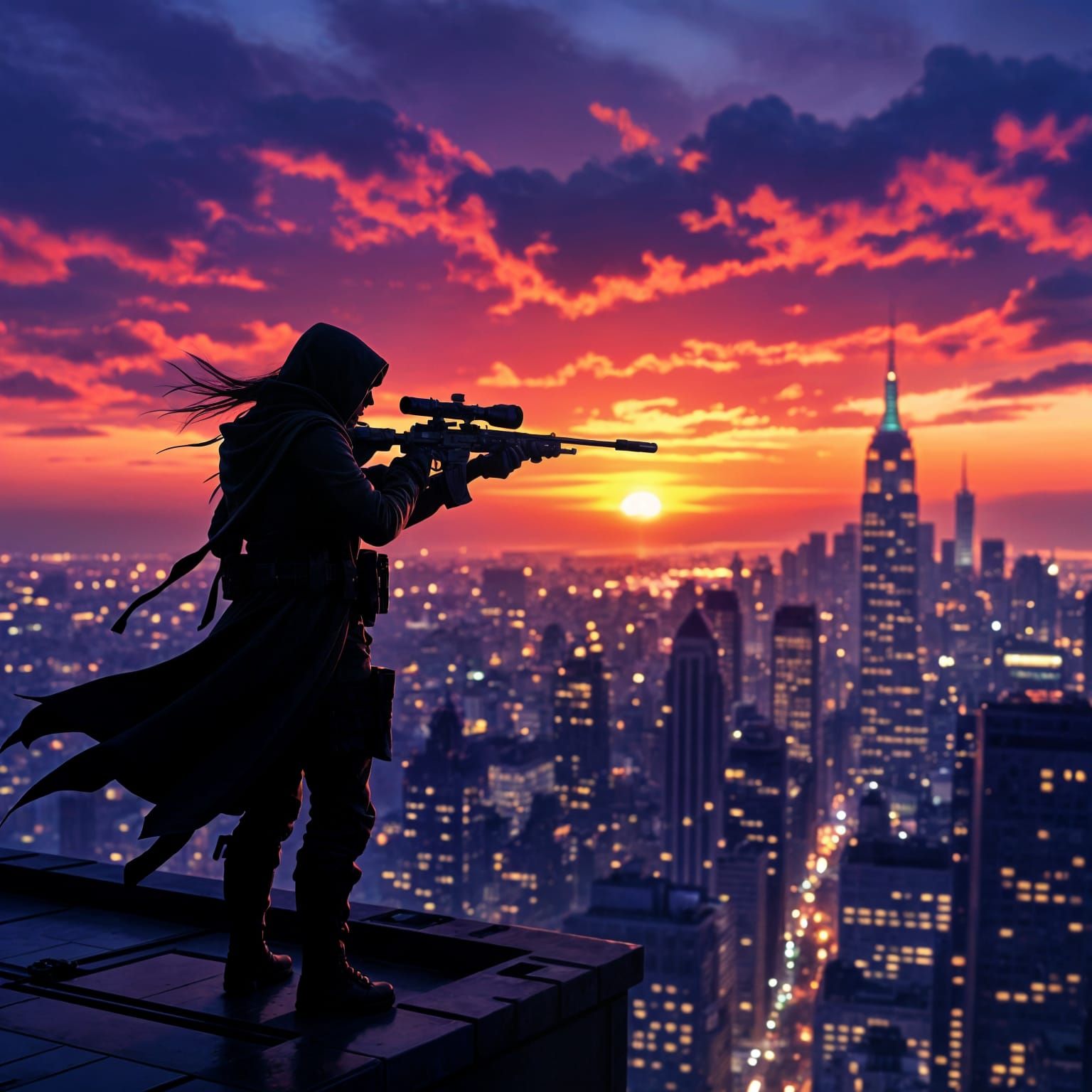 Assassin with Large Gun on Skyscraper Rooftop
