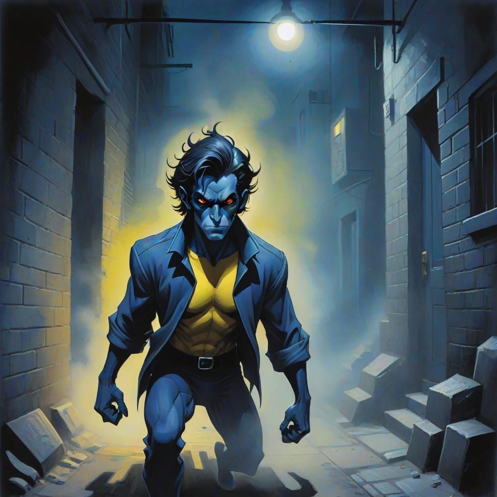 Nightcrawler in Dark Alley: Gouache Comic Book Art