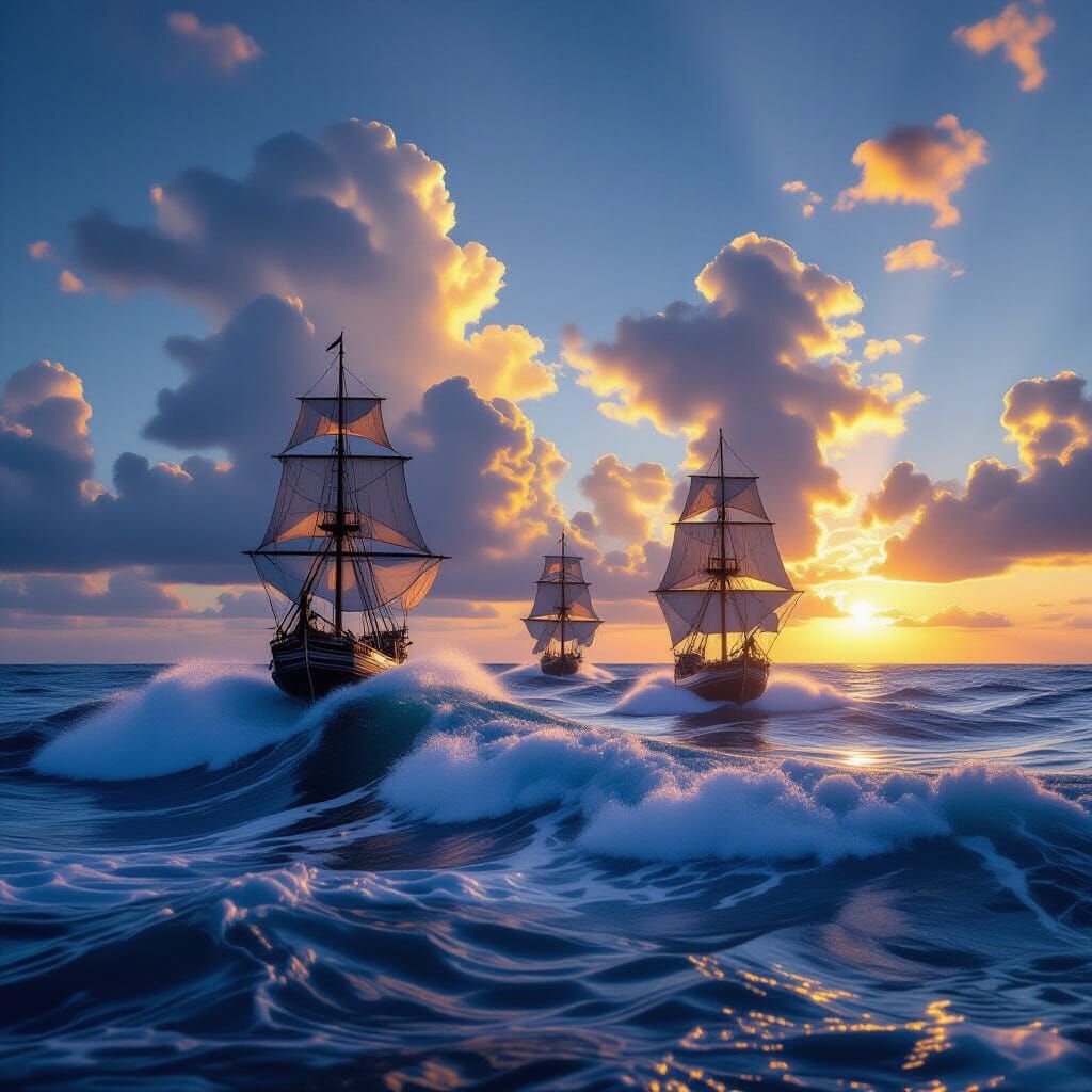 Colossal Waves in Twilight Sky with Sailing Ships