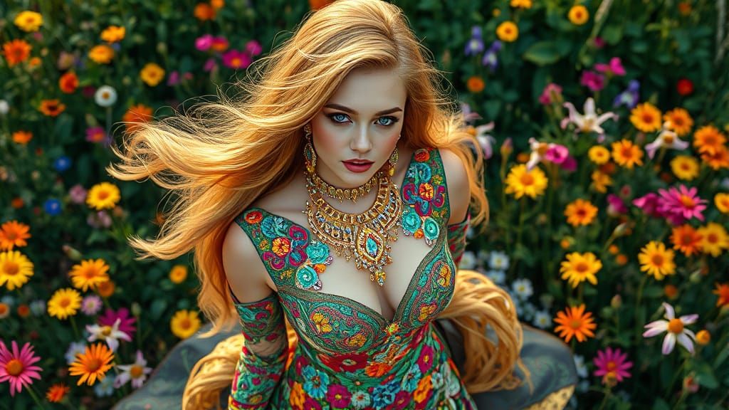Eurasian Woman in Lush Garden, Hyperrealistic Art