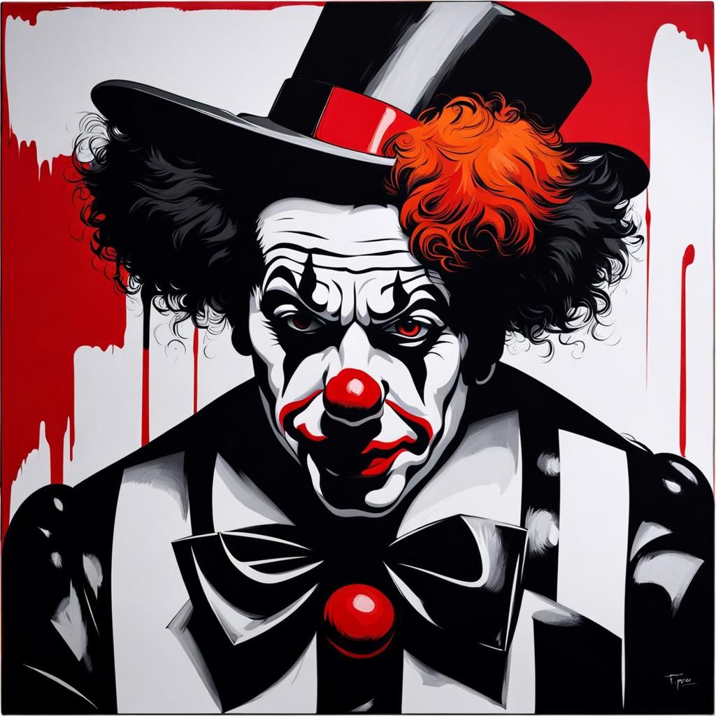 Sad Clown Portrait with Red Hair in Abstract Style