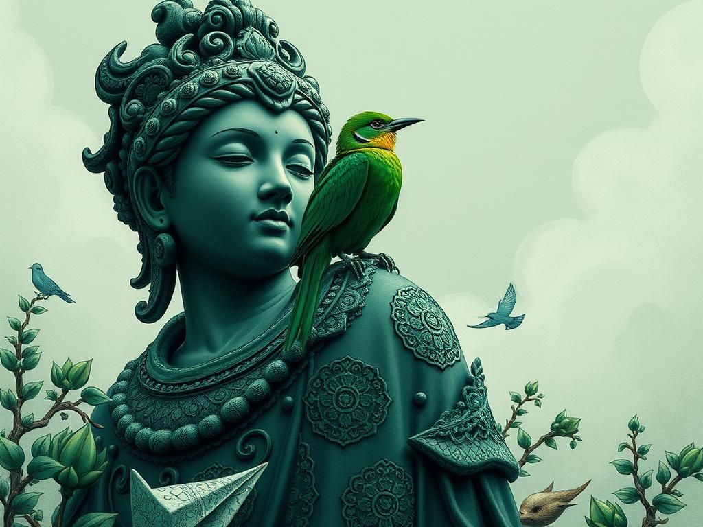 Jade Statue with Songbird: Fantasycore Ink Illustration