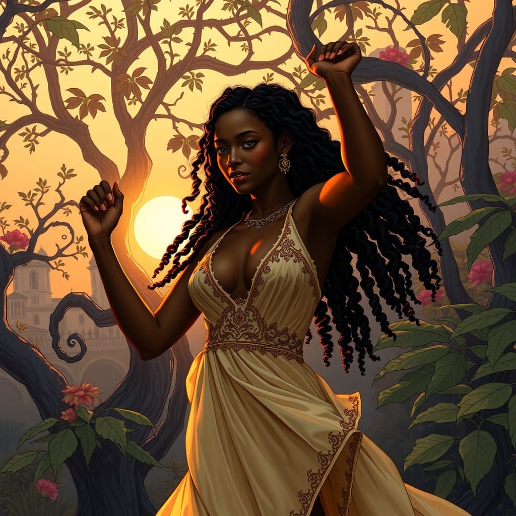 full body pose, 15th century dark skin African thick Amazoni...