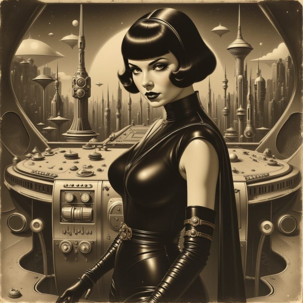 Woman in Vintage Dress at Futuristic Control Panel