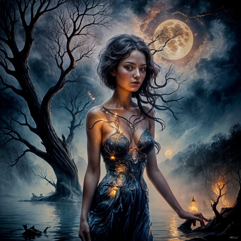 Surreal Fire Woman Reflecting in Moonlit River