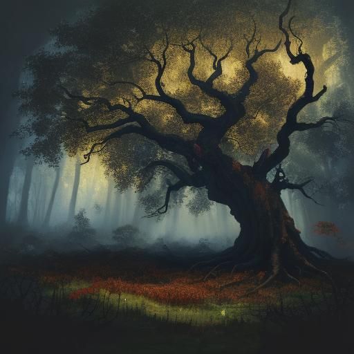 Angry Horse Portrait in Dark Forest, Impressionistic Style