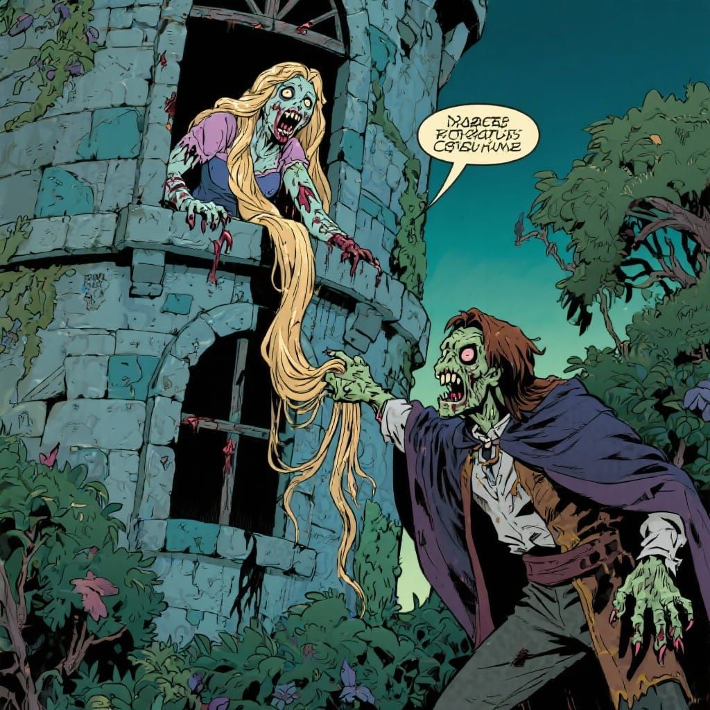 Zombie Rapunzel and Prince in a Tower