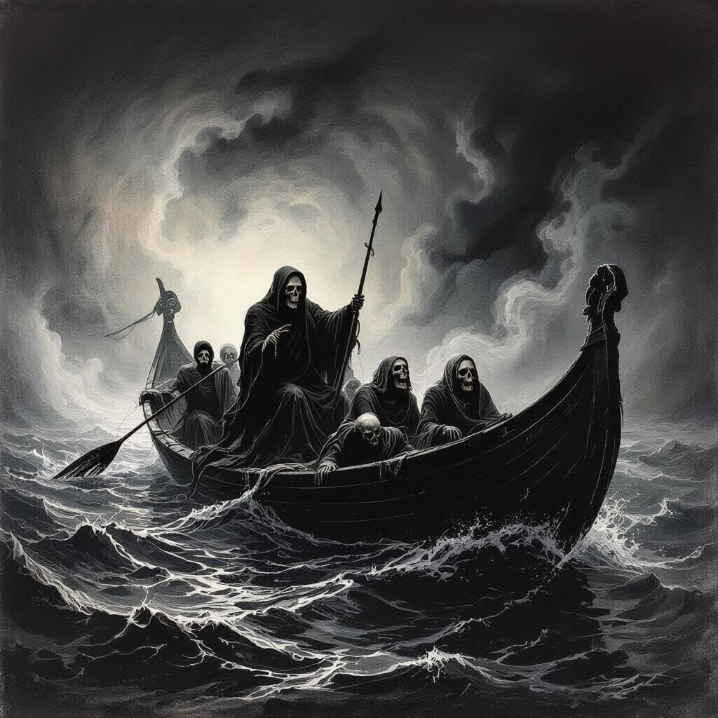 Charon's Boat Crosses River Styx with Screaming Souls