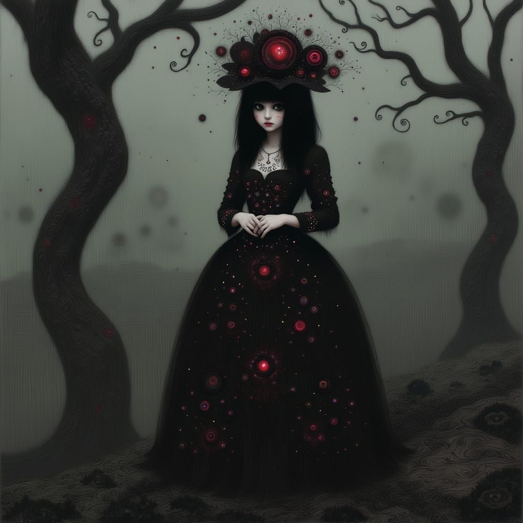 Enchanted Victorian Witch amidst Twisted Trees in Rowena Mor...
