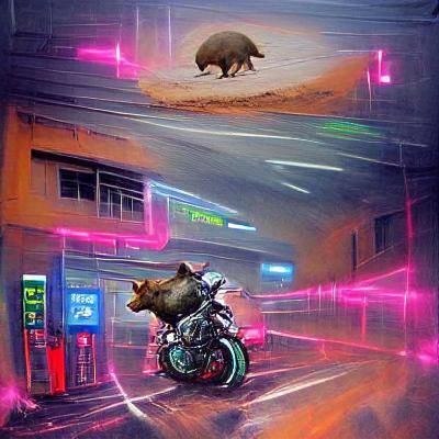 Wombat Rides Motorcycle to Future in Cyberpunk Style