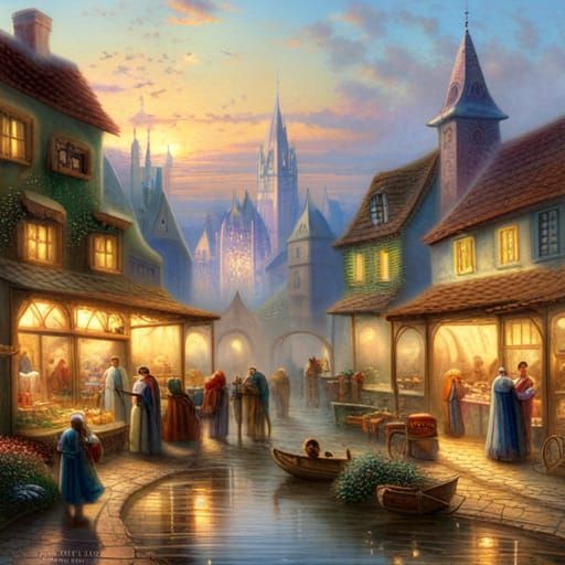 Ethereal Medieval Market in Kinkade Style