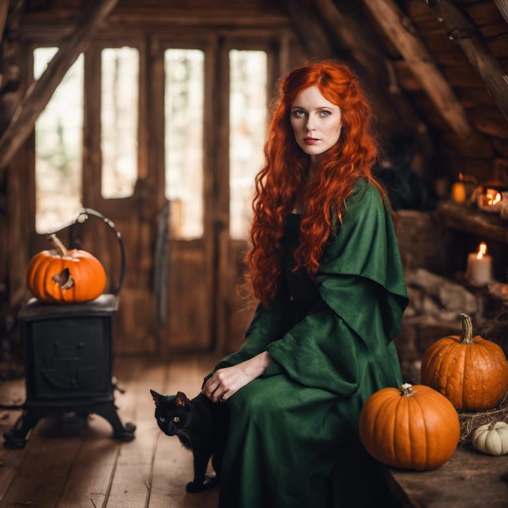 Medieval Redhead Witch in Cabin with Cat
