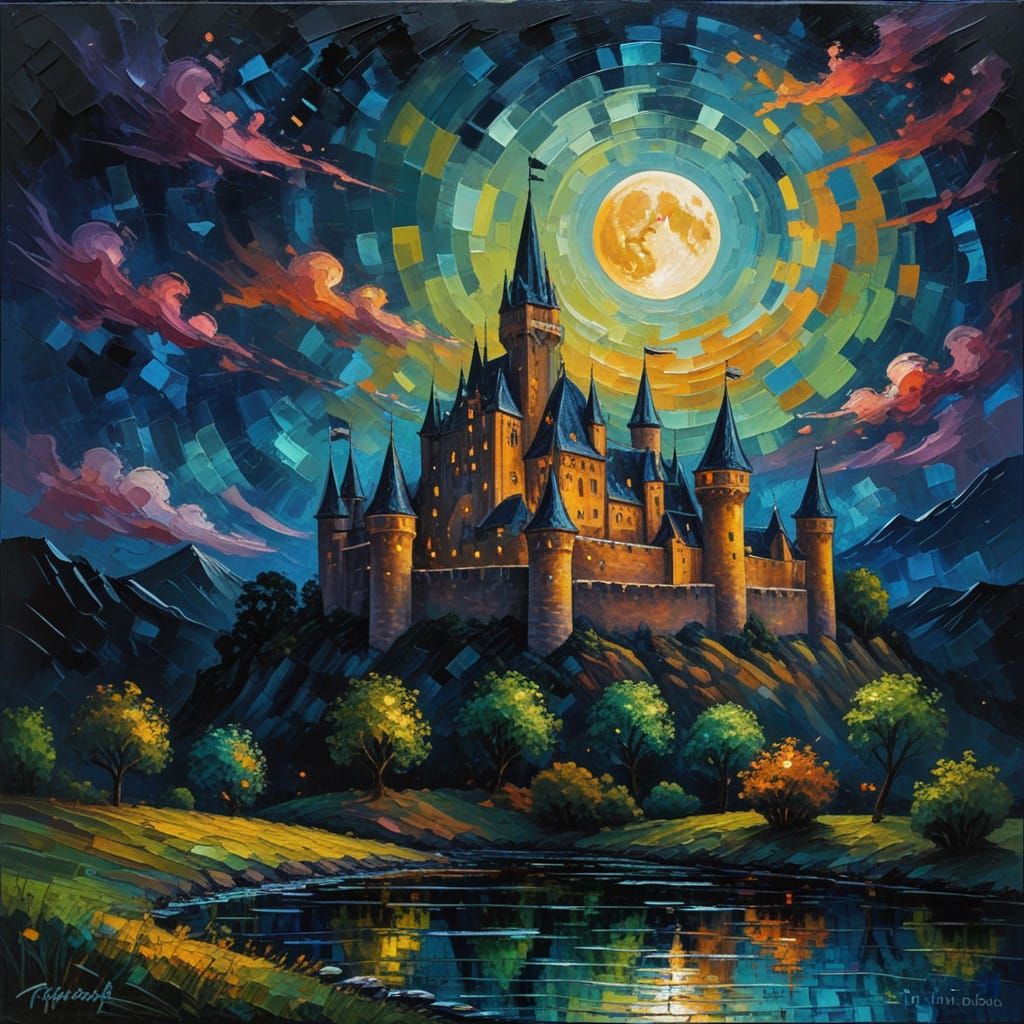 Castle Under Full Moon in Expressionist Style