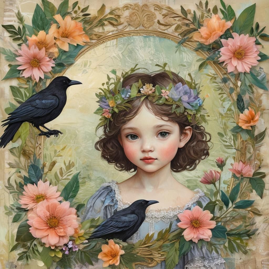 Whimsical Princess with Raven in Mixed-Media Collage