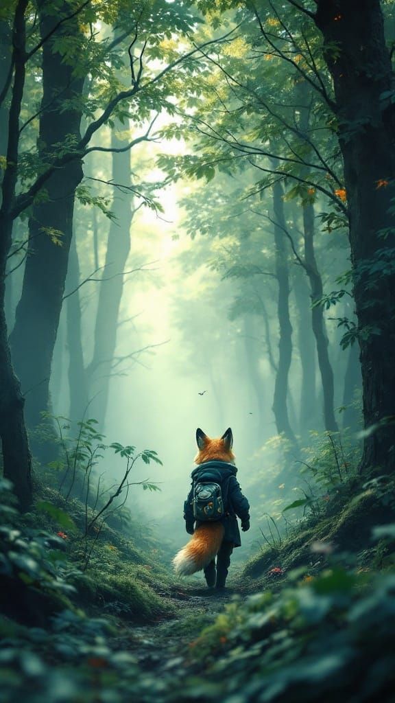 Fox Hero in Foggy Forest, Forestpunk Digital Art