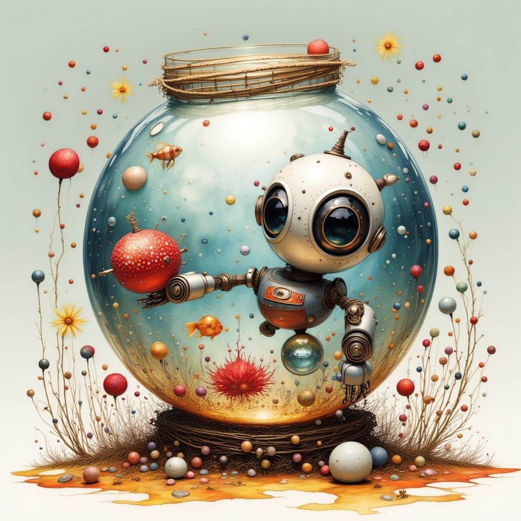 Cute Robot Holding a Fishbowl with a Fish