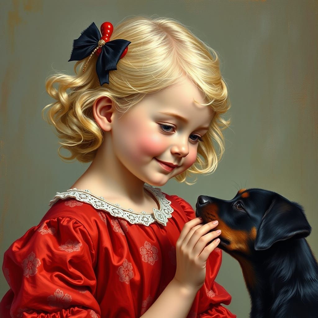 Joyful Blonde Girl in Red Dress with a Black Dog