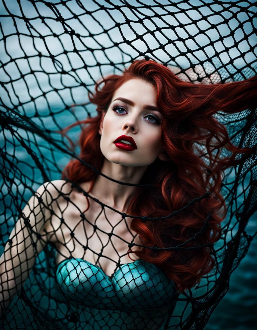 the little mermaid trapped in a fishing net