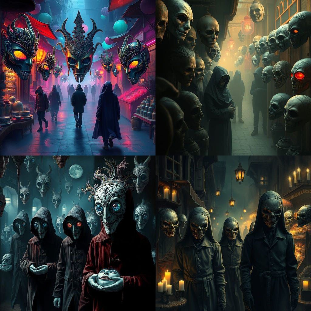 Surreal Bazaar: Masks and Faceless Buyers