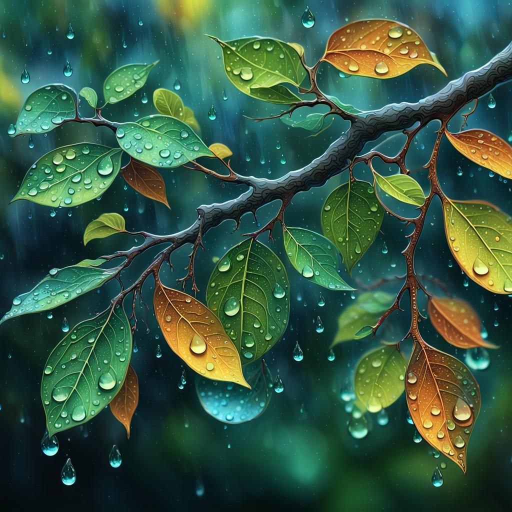 Raindrops on Tree Branch: Detailed Fantasy Art