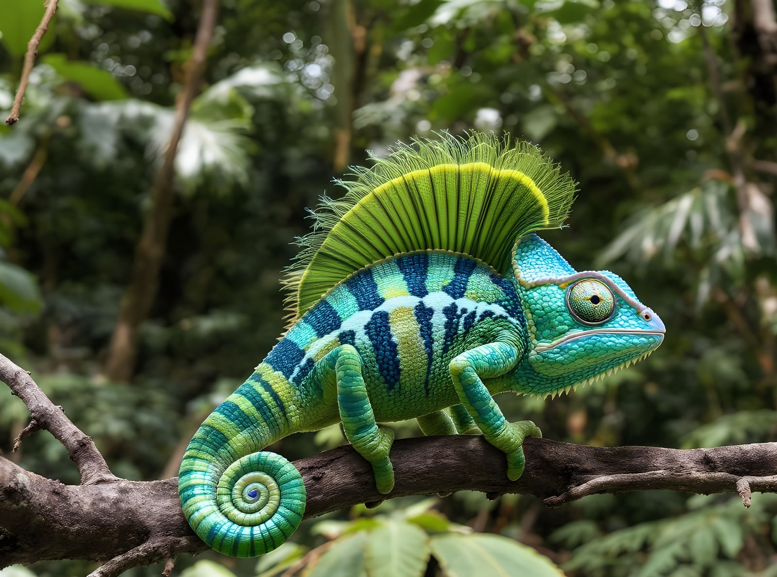 Chameleon Mimics Peacock Displaying Vibrant Fan