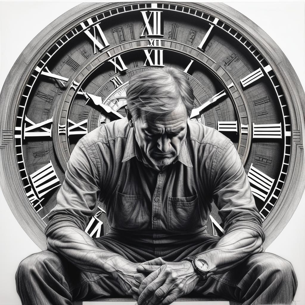 Detailed Charcoal Art of Man with Clock