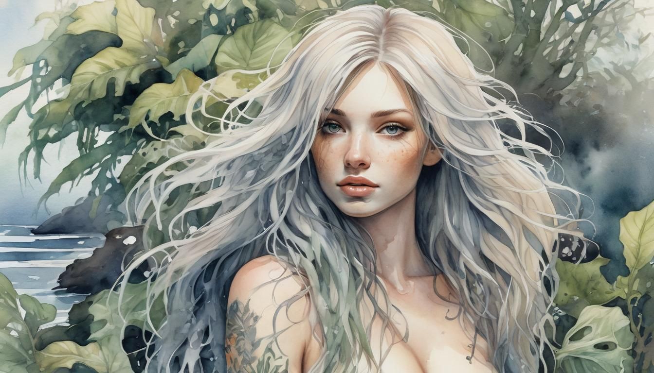 Ethereal Watercolor Portrait of Woman with Tattoos