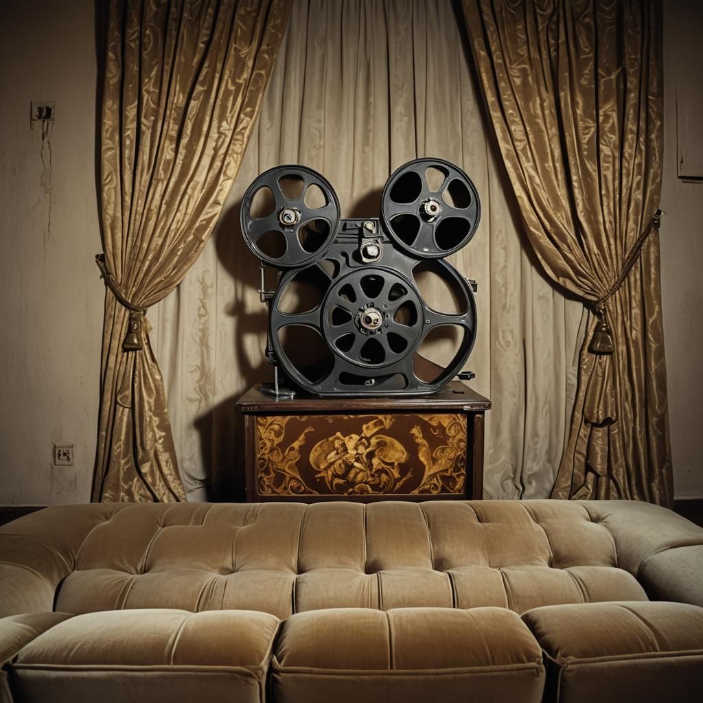 Surreal Film Reel on Dusty Theatre Seat