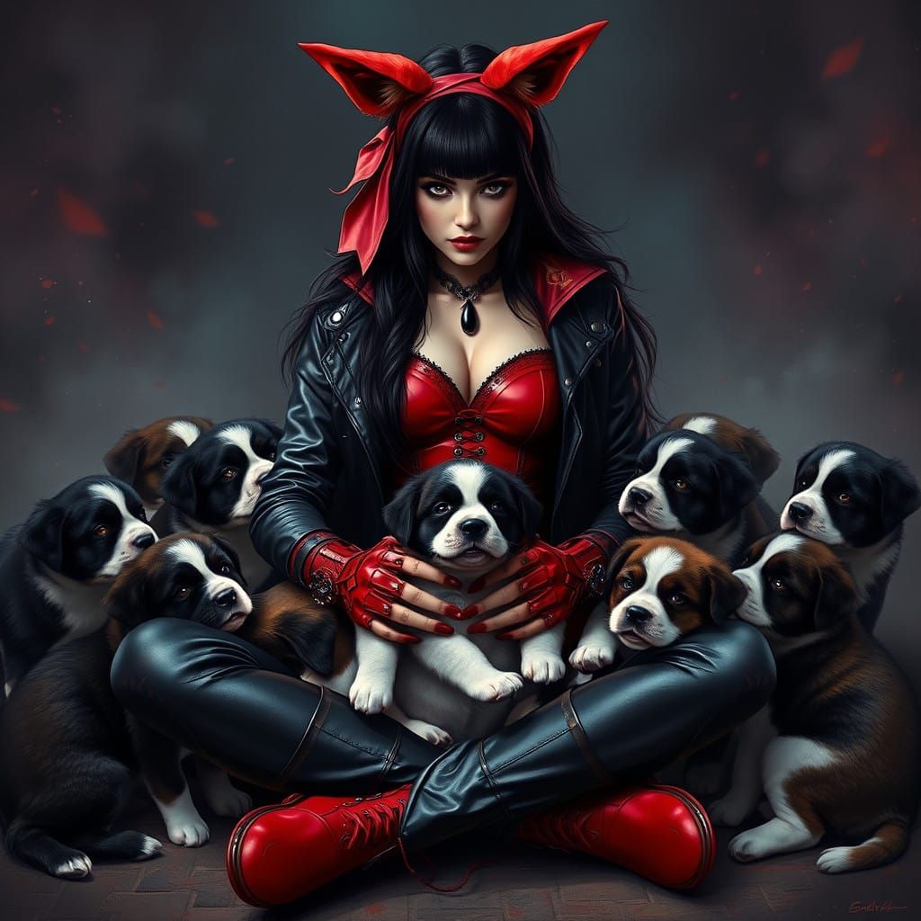 Majestic Goth Queen Surrounded by Playful St. Bernard Puppie...