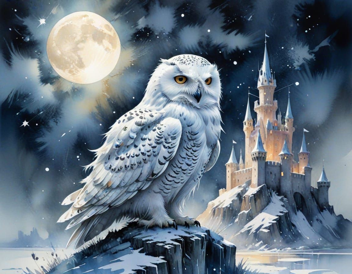 Snowy Owl on Moonlit Ice Castle in Watercolor Style