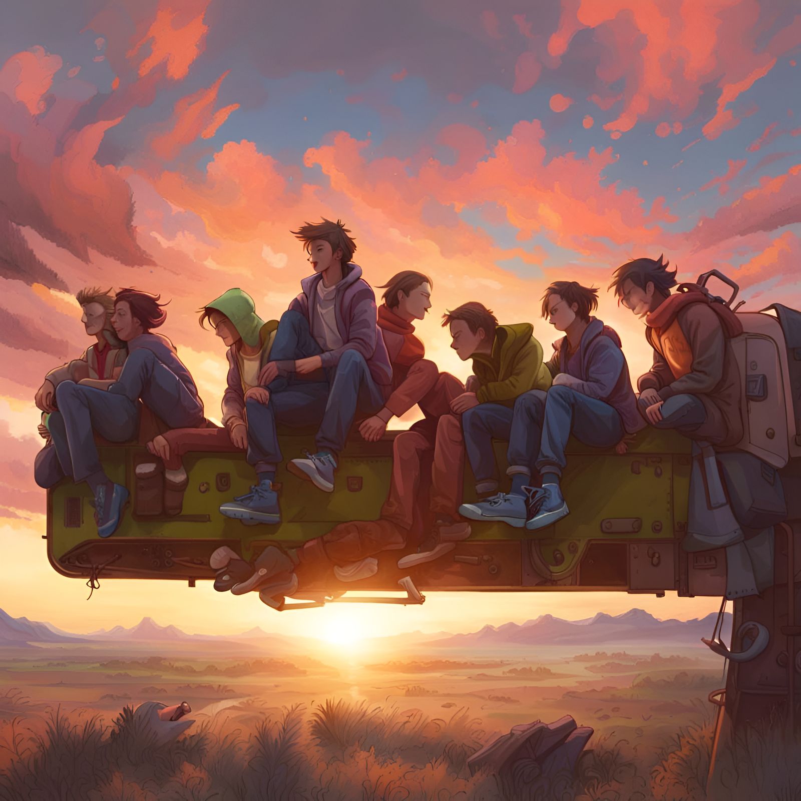 Teenagers on a Train at Dawn: Digital Art