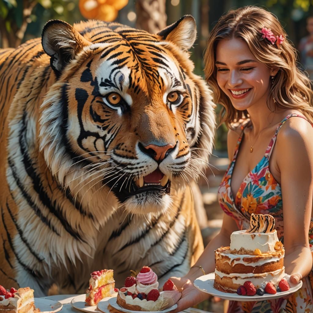 Woman Offers Cake to Tiger in Hyper-Realistic Art