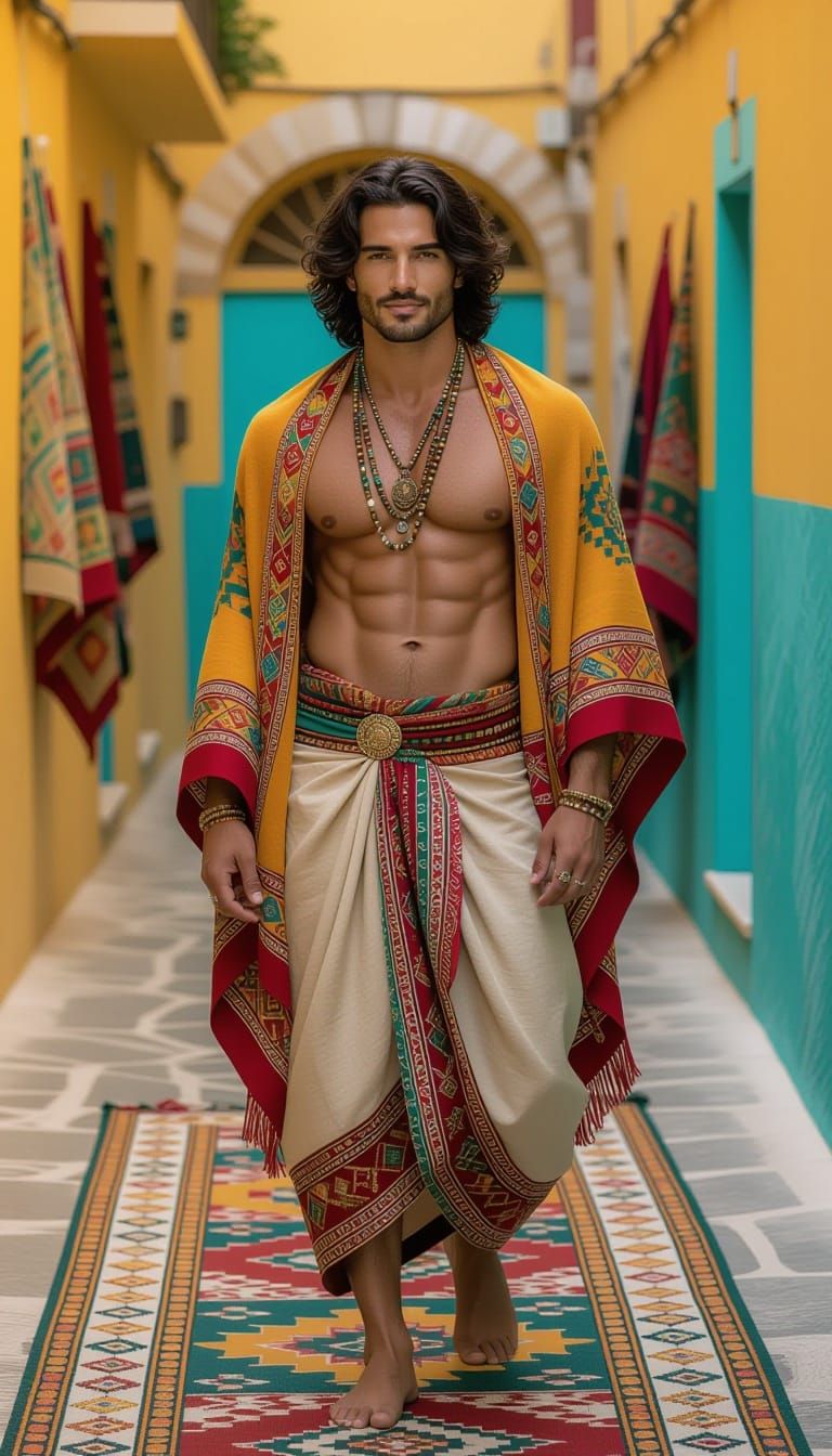 Muscular Man in Sunlit Alleyway with Bohemian Shawl