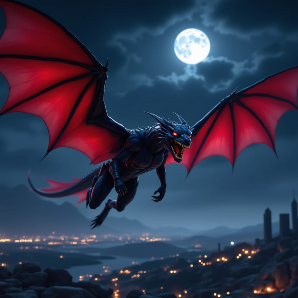 Glorious Black Dragon Under Full Moon