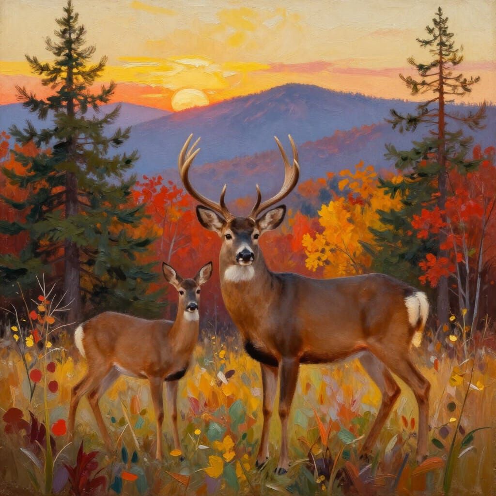 Whitetail Deer in Appalachian Autumn Landscape Oil Painting