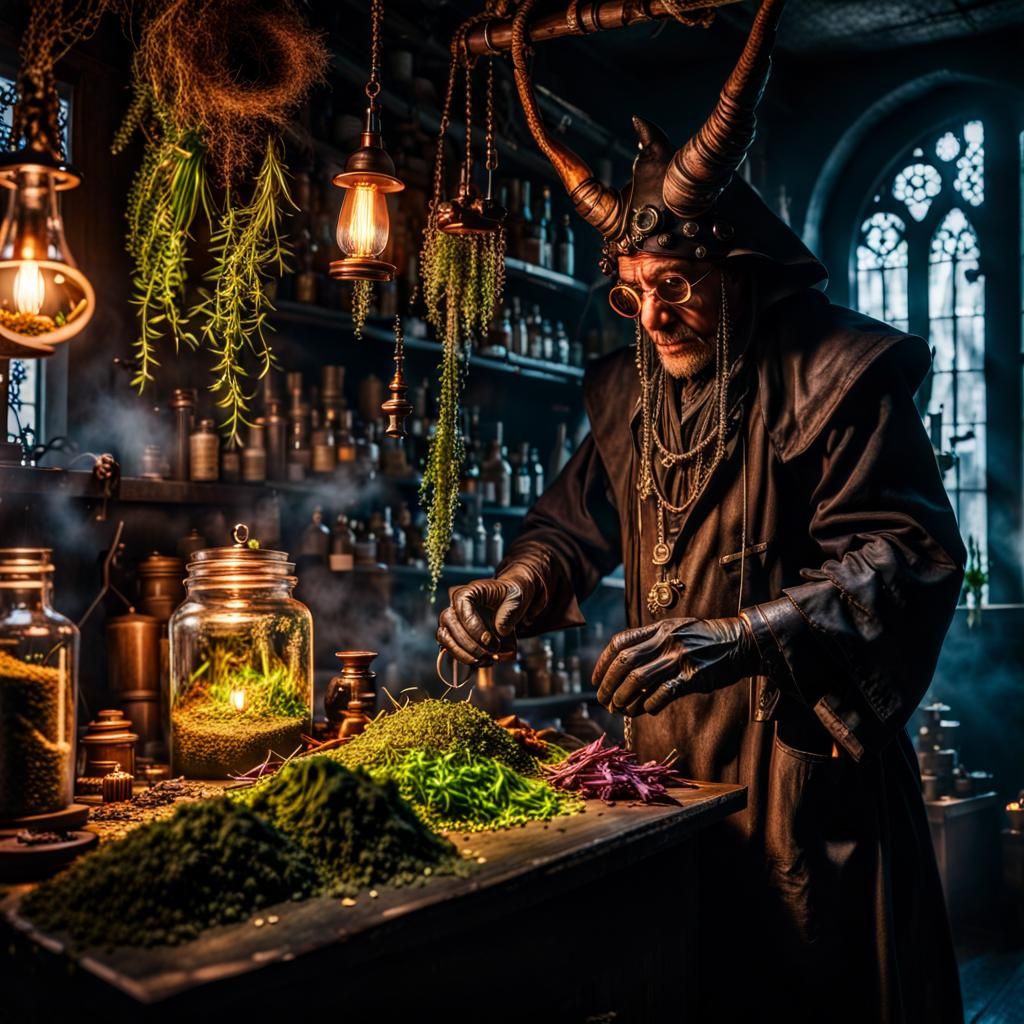 Demon Spirit Oversees Alchemist in Gothic Herbalist Shop