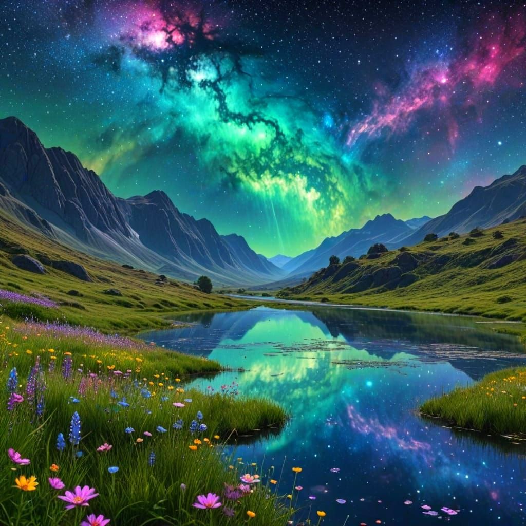 Cosmic Meadow in Vibrant Holographic Style