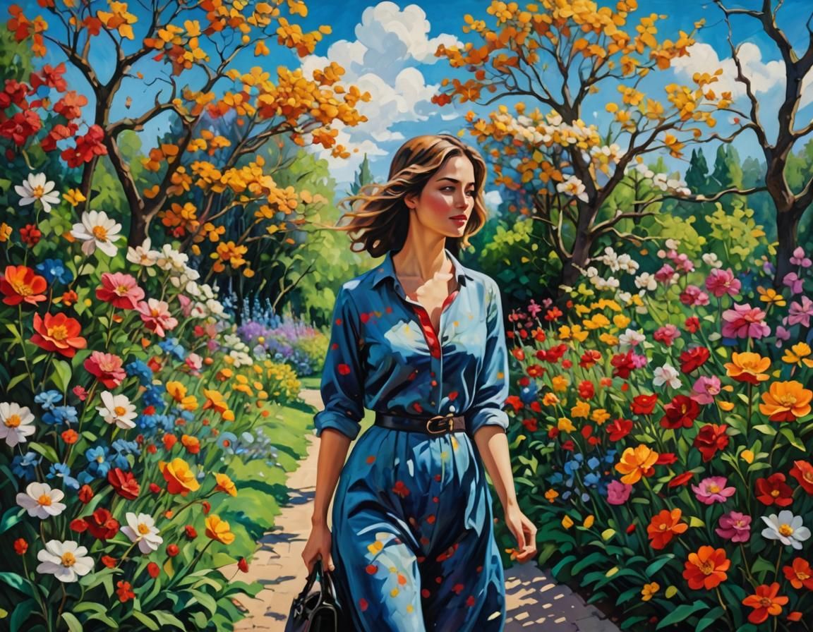 Woman in Vivid Flower Garden, Impasto Oil Painting