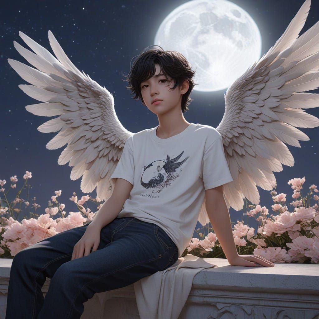 Serene Boy with Flowers and Wings Slumbers on Crescent Moon....